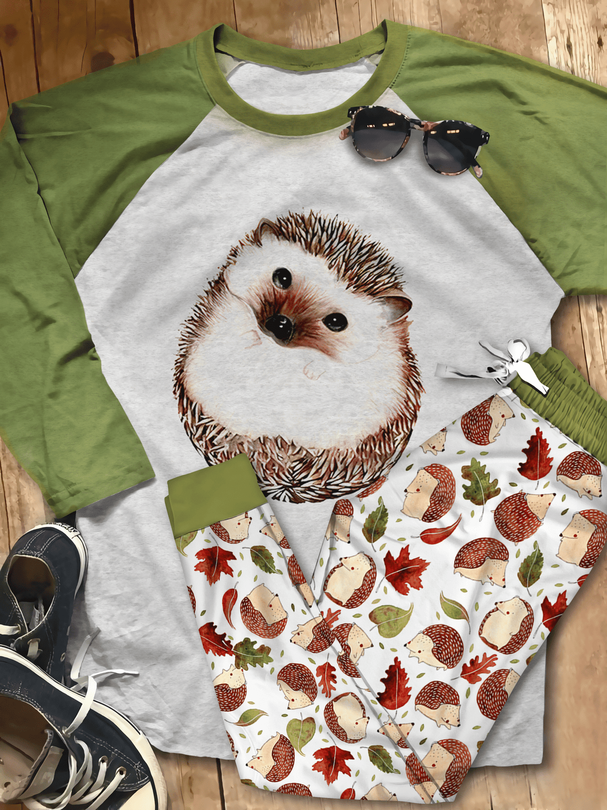 Hedgehog Cute Things Pajama Set |Sleepwear Pjs Sets | Raglan Shirt Pants Set