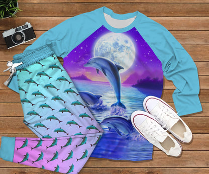 Dolphin Moonlight Blue Awesome Pajama Set |Sleepwear Pjs Sets | Raglan Shirt Pants Set