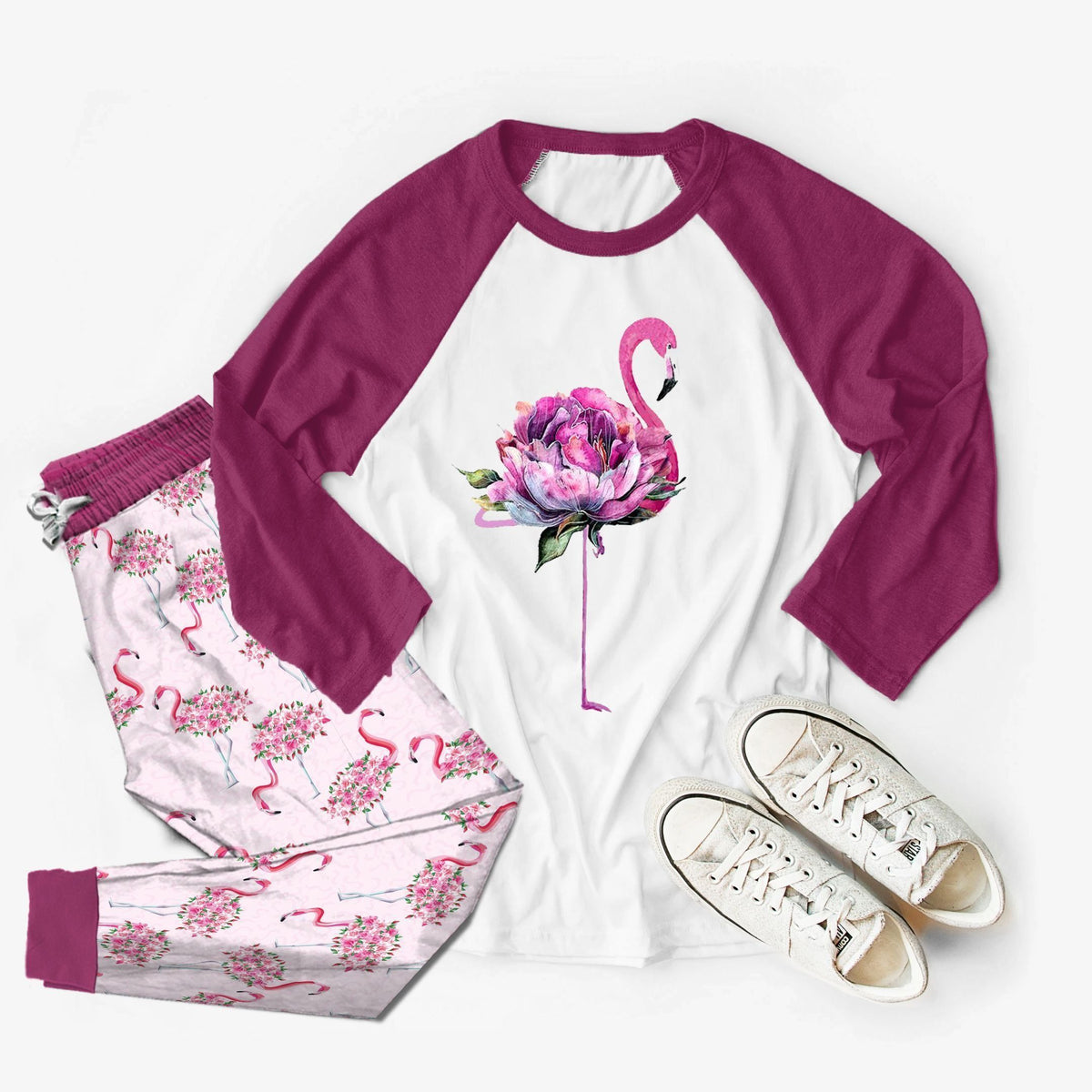 Flamingo Color Art Purple Good Pajama Set |Sleepwear Pjs Sets | Raglan Shirt Pants Set