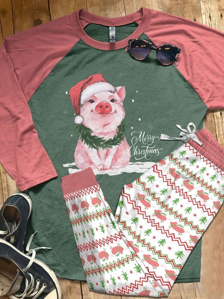 Pig Merry Christmas Pig Pajama Set |Sleepwear Pjs Sets | Raglan Shirt Pants Set