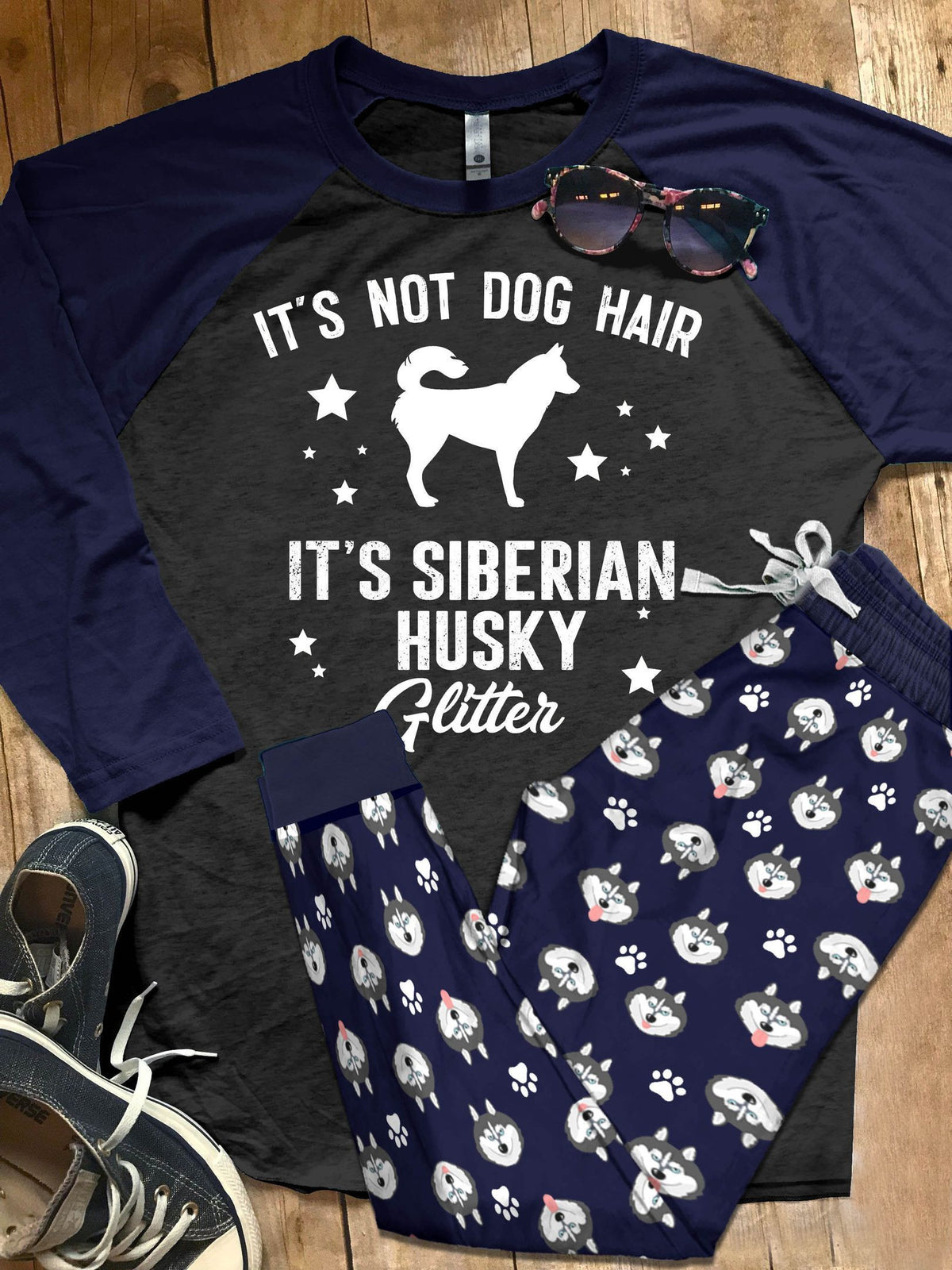 Husky Set It'S Husky Glitter Pajama Set |Sleepwear Pjs Sets | Raglan Shirt Pants Set