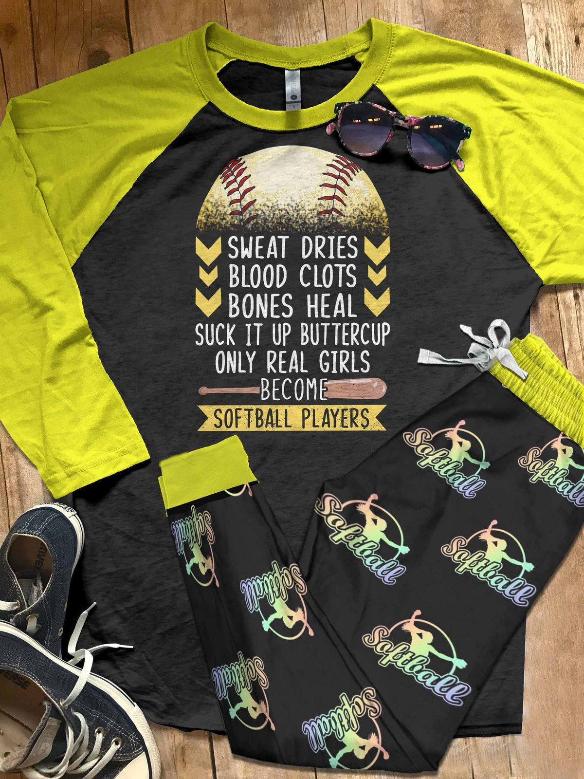 Softball Set Only Real Girls Pajama Set |Sleepwear Pjs Sets | Raglan Shirt Pants Set