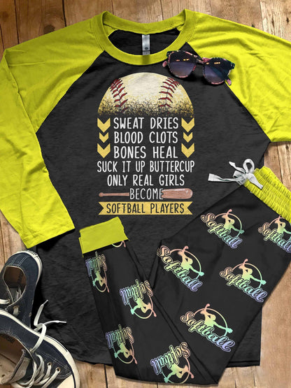 Softball Set Only Real Girls Pajama Set |Sleepwear Pjs Sets | Raglan Shirt Pants Set
