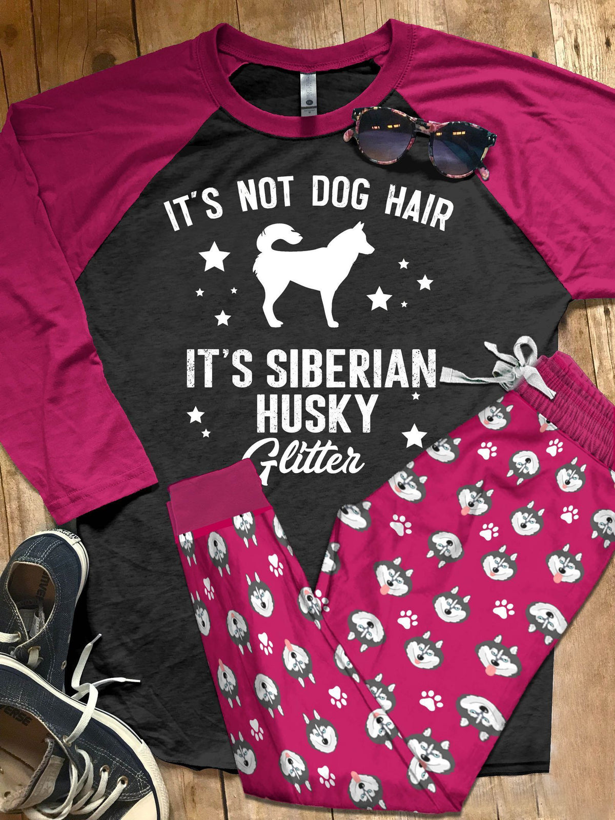 Husky Set It'S Husky Glitter Pajama Set |Sleepwear Pjs Sets | Raglan Shirt Pants Set