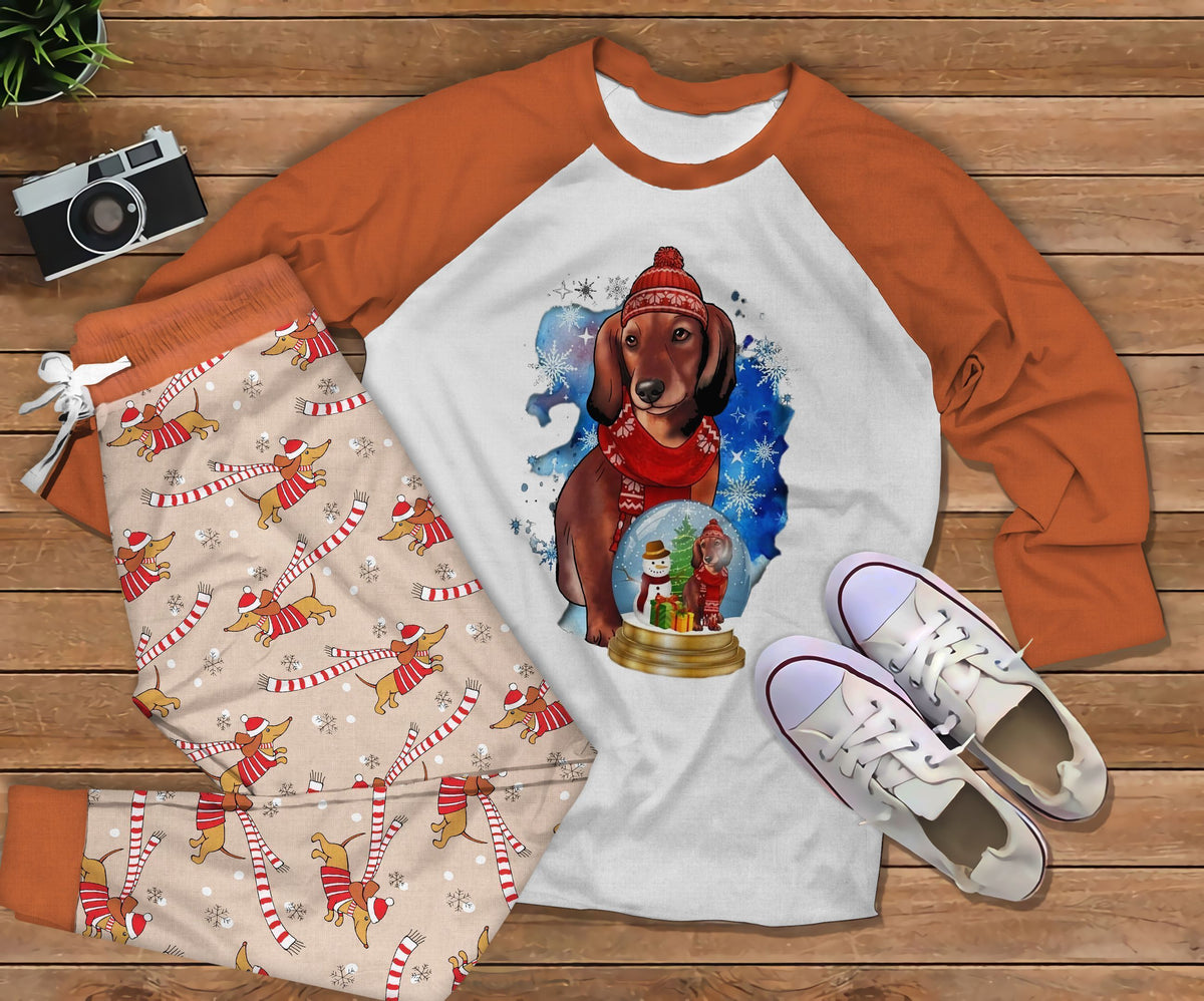 Dachshund Christmas Orange Awesome Pajama Set |Sleepwear Pjs Sets | Raglan Shirt Pants Set