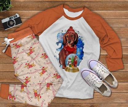 Dachshund Christmas Orange Awesome Pajama Set |Sleepwear Pjs Sets | Raglan Shirt Pants Set