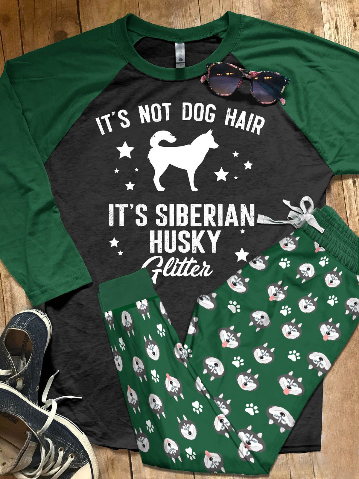 Husky Set It'S Husky Glitter Pajama Set |Sleepwear Pjs Sets | Raglan Shirt Pants Set