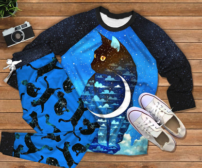 Black Cat Star Sky Blue Best Pajama Set |Sleepwear Pjs Sets | Raglan Shirt Pants Set