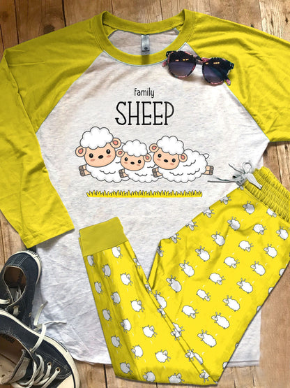 Sheep Yellow Unique Pajama Set |Sleepwear Pjs Sets | Raglan Shirt Pants Set