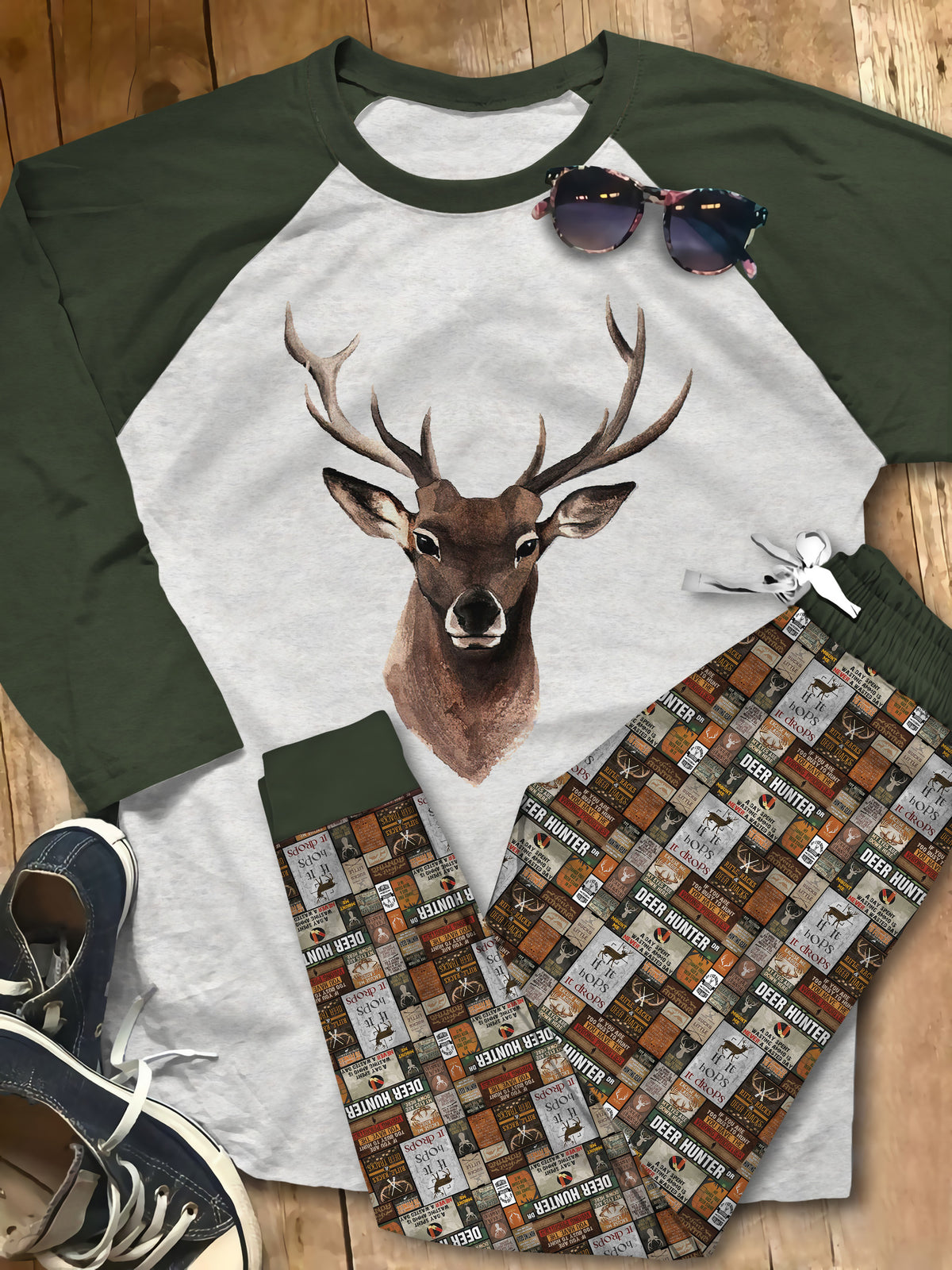 Hunting Black Best Pajama Set |Sleepwear Pjs Sets | Raglan Shirt Pants Set