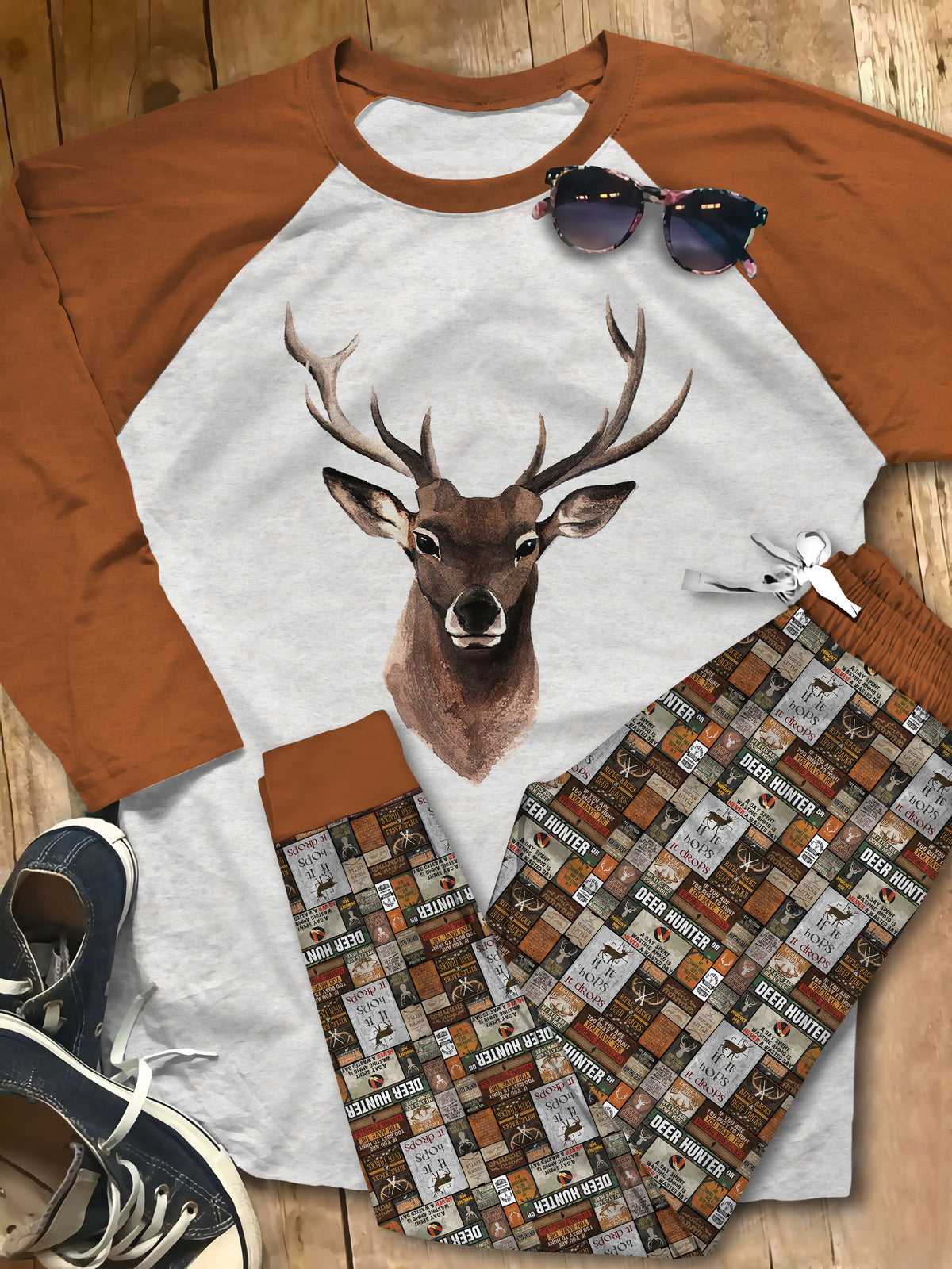 Hunting Black Best Pajama Set |Sleepwear Pjs Sets | Raglan Shirt Pants Set