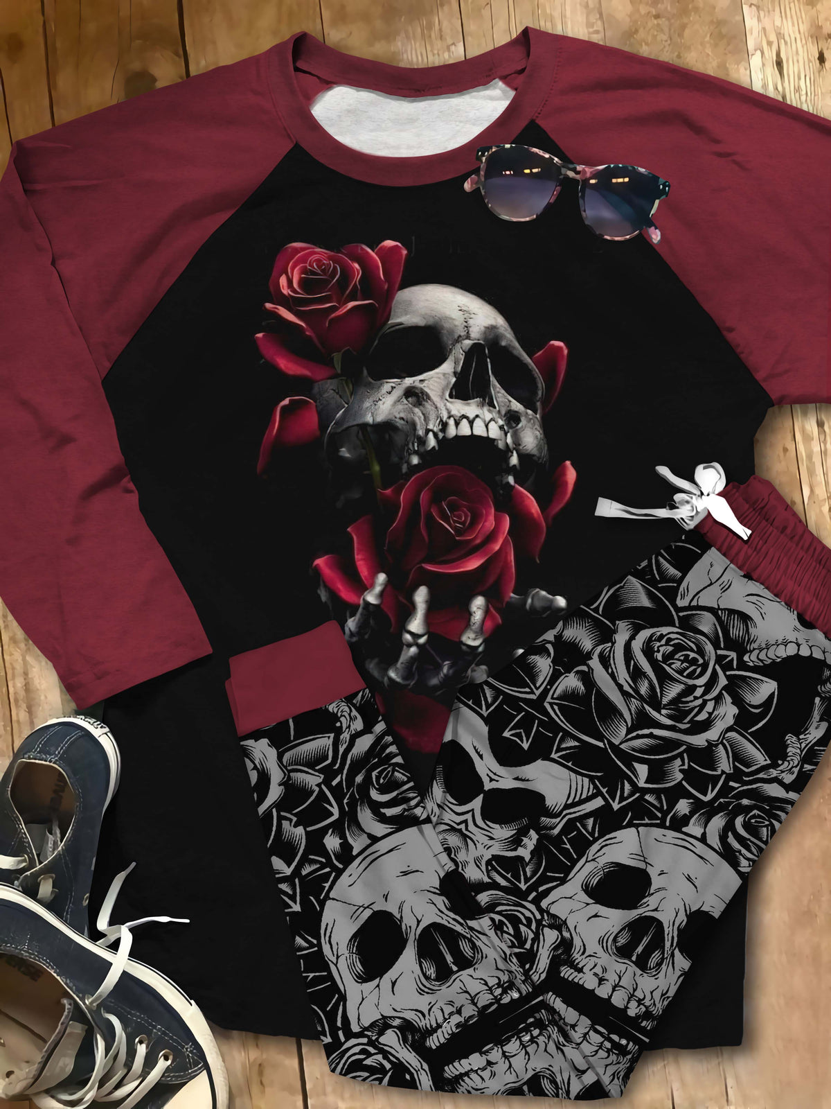 Skull Set Rose Skull Pajama Set |Sleepwear Pjs Sets | Raglan Shirt Pants Set