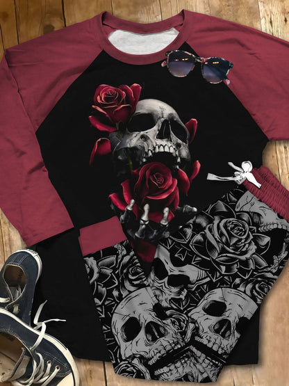 Skull Set Rose Skull Pajama Set |Sleepwear Pjs Sets | Raglan Shirt Pants Set