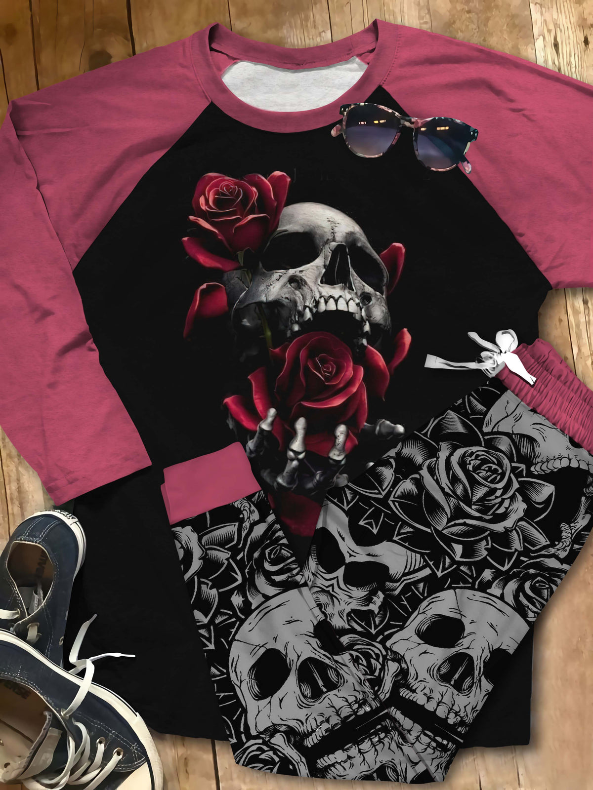 Skull Set Rose Skull Pajama Set |Sleepwear Pjs Sets | Raglan Shirt Pants Set
