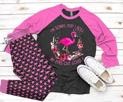 Flamingo I Roll Pink Good Pajama Set |Sleepwear Pjs Sets | Raglan Shirt Pants Set