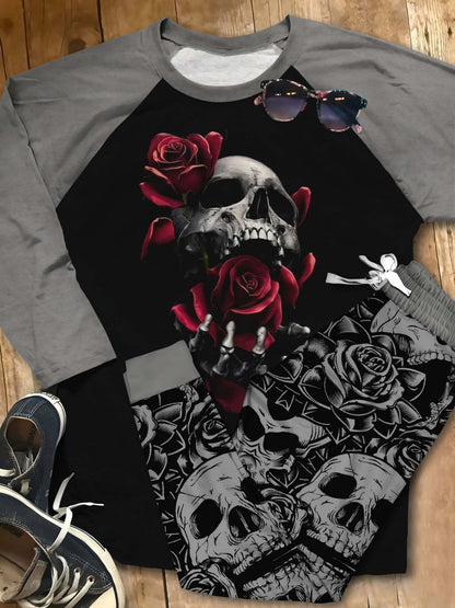 Skull Set Rose Skull Pajama Set |Sleepwear Pjs Sets | Raglan Shirt Pants Set