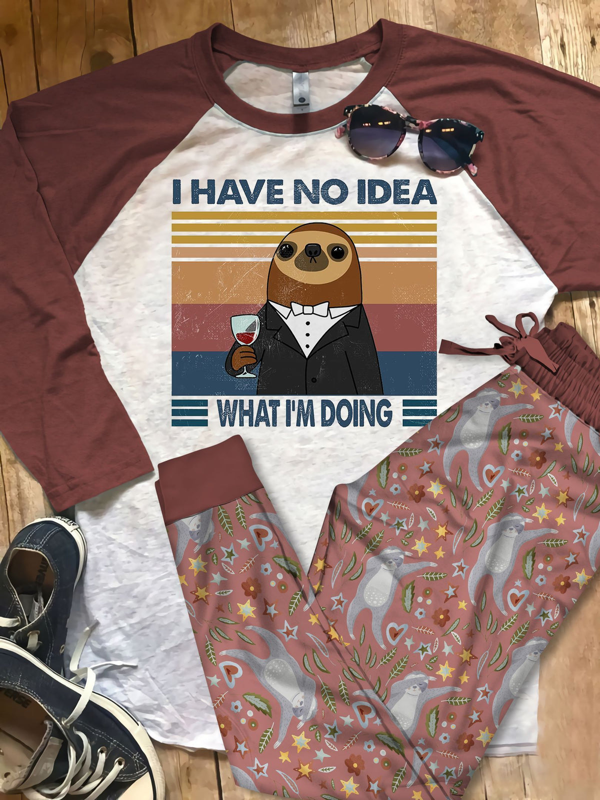 Sloth Sleep Never End Pajama Set |Sleepwear Pjs Sets | Raglan Shirt Pants Set
