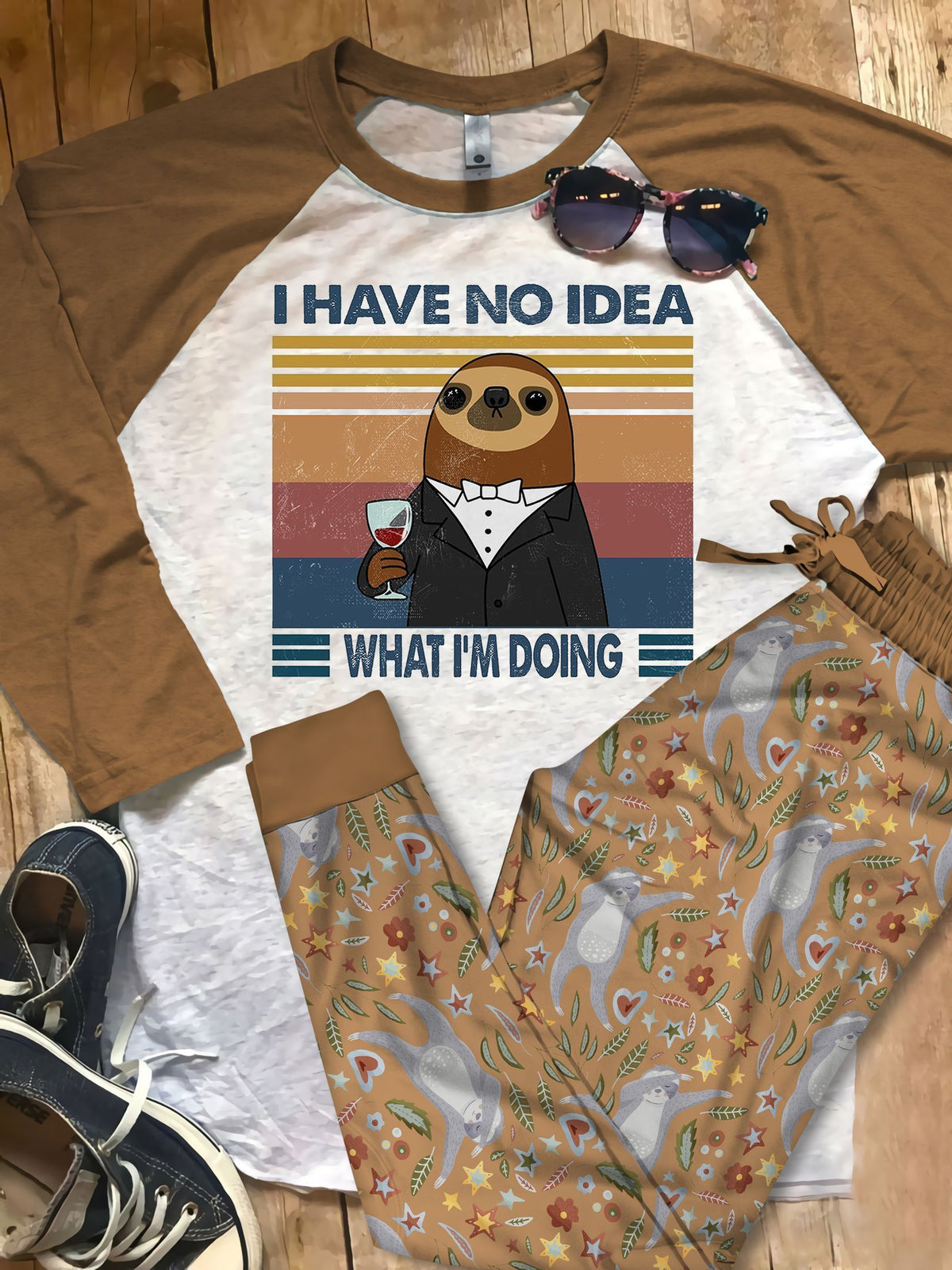 Sloth Sleep Never End Pajama Set |Sleepwear Pjs Sets | Raglan Shirt Pants Set
