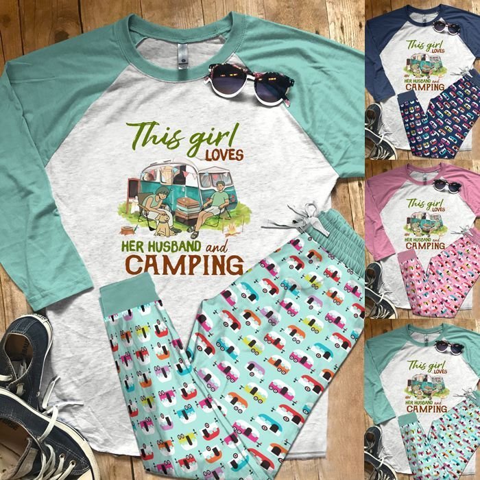 Camping Set This Girl Loves Her Husband And Camping Pajama Set |Sleepwear Pjs Sets | Raglan Shirt Pants Set