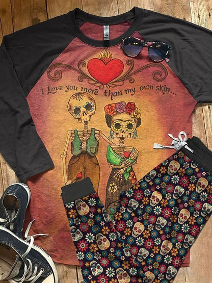 Day Of The Dead Couple Black Amazing Pajama Set |Sleepwear Pjs Sets | Raglan Shirt Pants Set