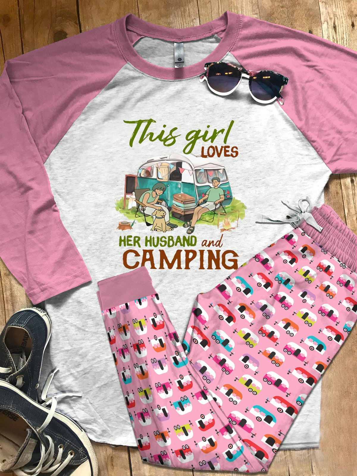Camping Set This Girl Loves Her Husband And Camping Pajama Set |Sleepwear Pjs Sets | Raglan Shirt Pants Set