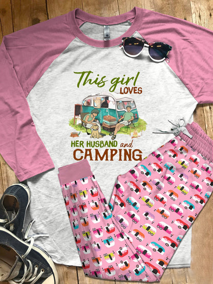 Camping Set This Girl Loves Her Husband And Camping Pajama Set |Sleepwear Pjs Sets | Raglan Shirt Pants Set