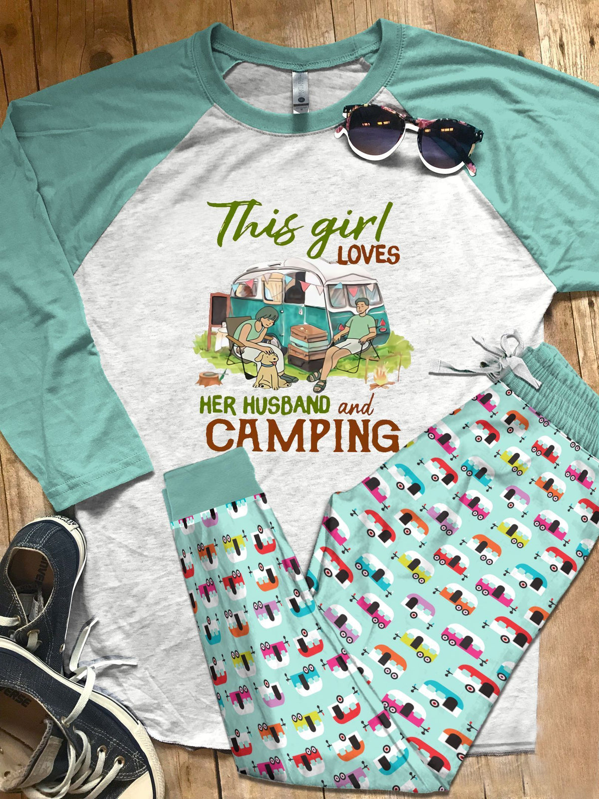 Camping Set This Girl Loves Her Husband And Camping Pajama Set |Sleepwear Pjs Sets | Raglan Shirt Pants Set