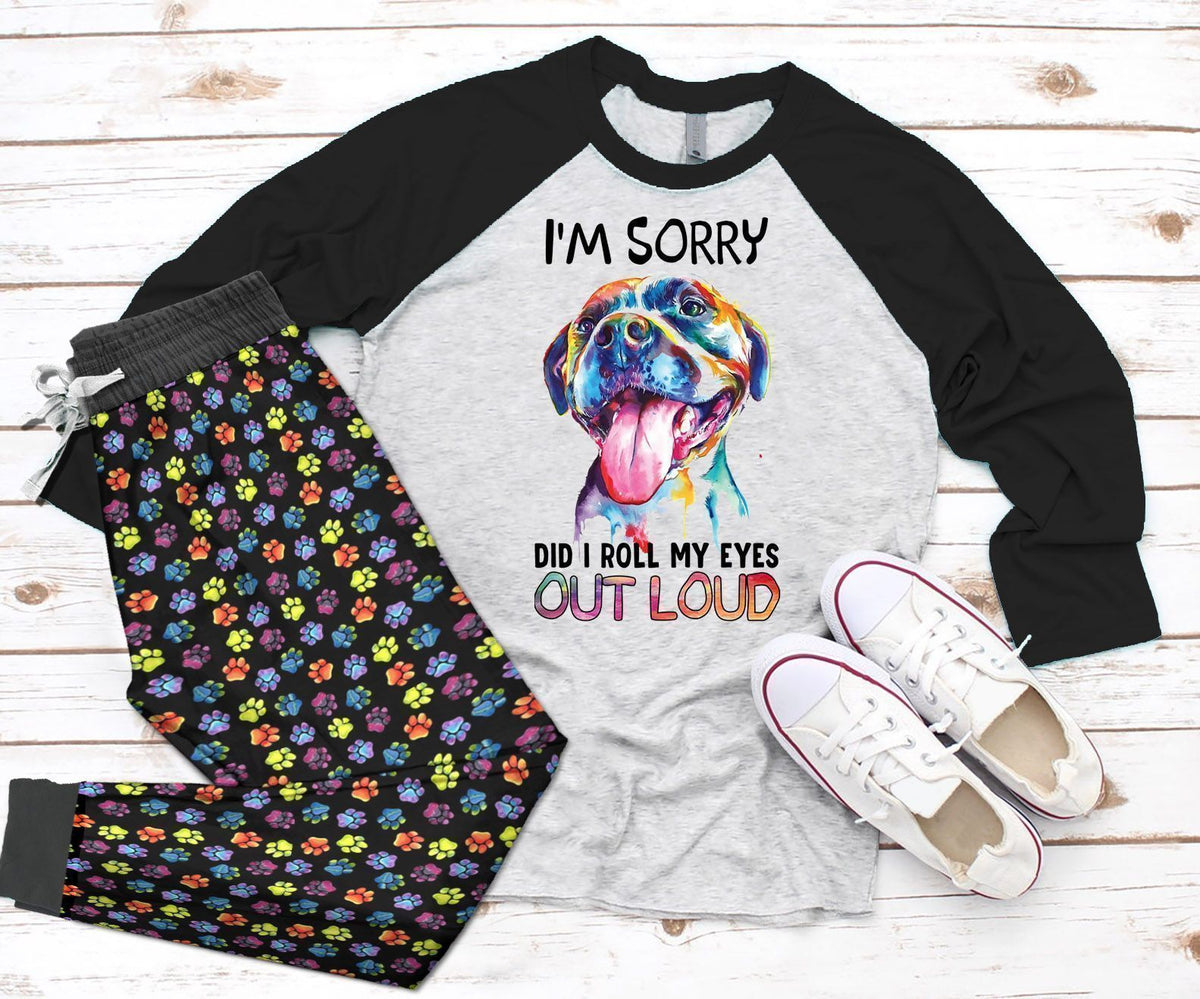 Pitbull I Am Sorry Black Awesome Pajama Set |Sleepwear Pjs Sets | Raglan Shirt Pants Set