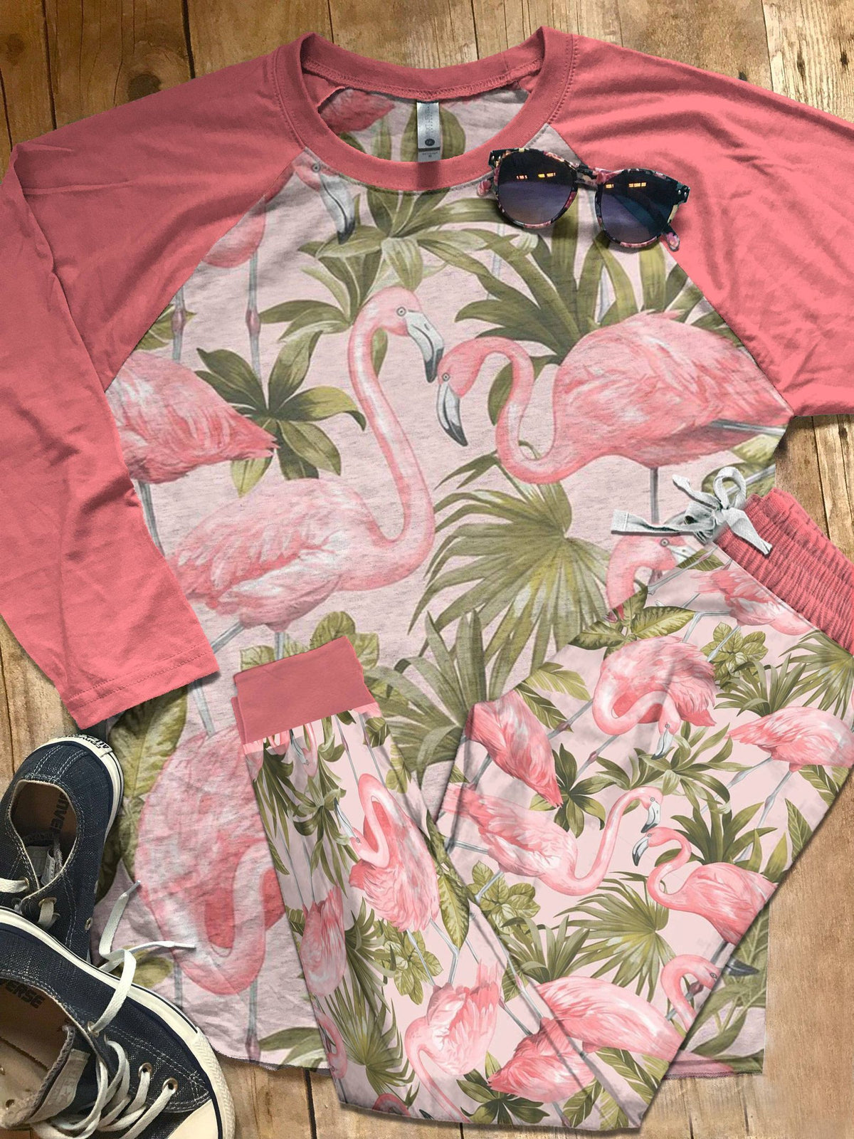 Flamingo Pink High Quality Pajama Set |Sleepwear Pjs Sets | Raglan Shirt Pants Set