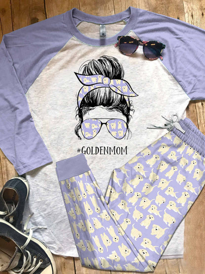 Golden Retriever Set Golden Mom Pajama Set |Sleepwear Pjs Sets | Raglan Shirt Pants Set