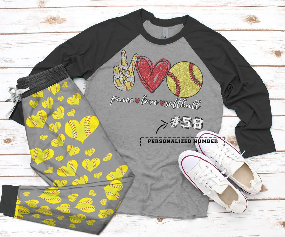 Softball Black High Quality Pajama Set |Sleepwear Pjs Sets | Raglan Shirt Pants Set