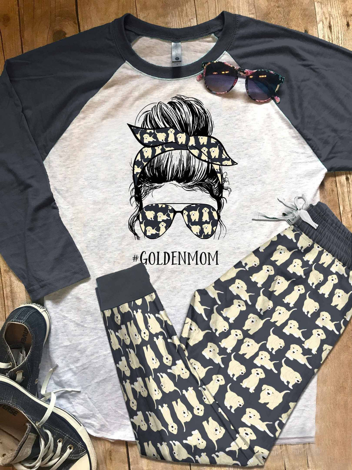 Golden Retriever Set Golden Mom Pajama Set |Sleepwear Pjs Sets | Raglan Shirt Pants Set