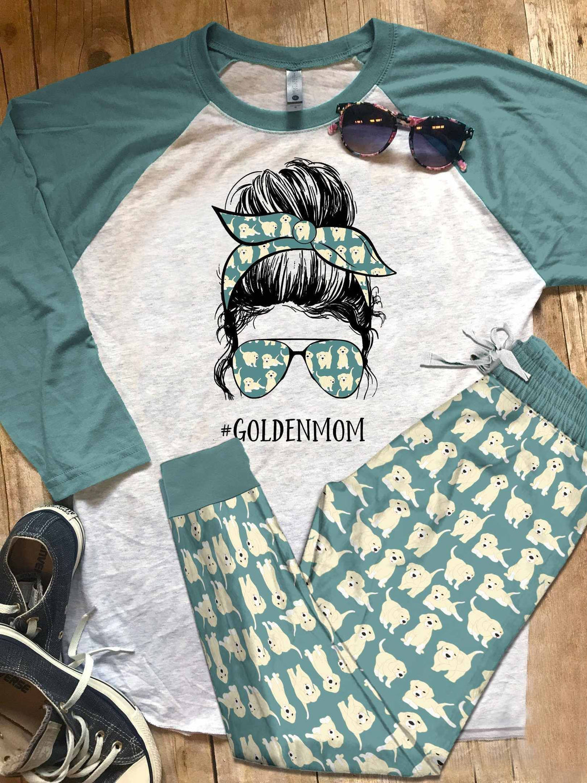 Golden Retriever Set Golden Mom Pajama Set |Sleepwear Pjs Sets | Raglan Shirt Pants Set