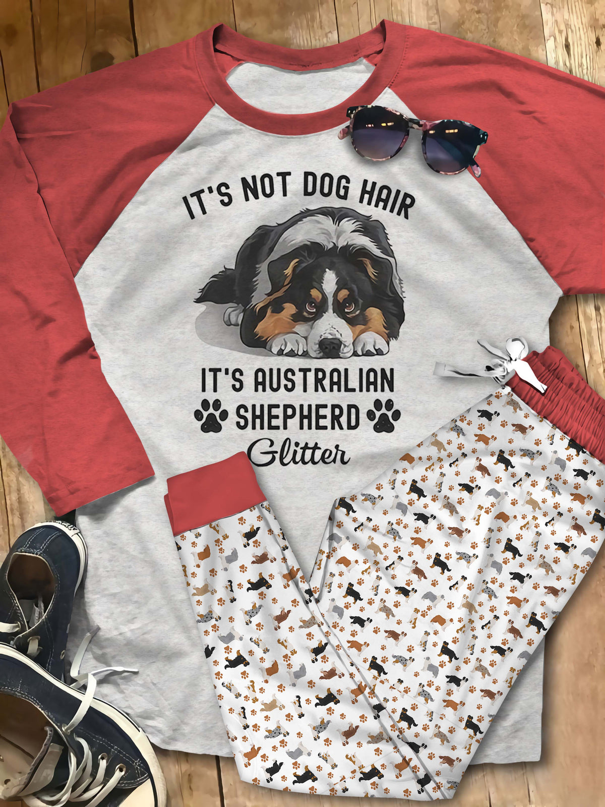 Australian Shepherd Not Dog Hair Pajama Set |Sleepwear Pjs Sets | Raglan Shirt Pants Set