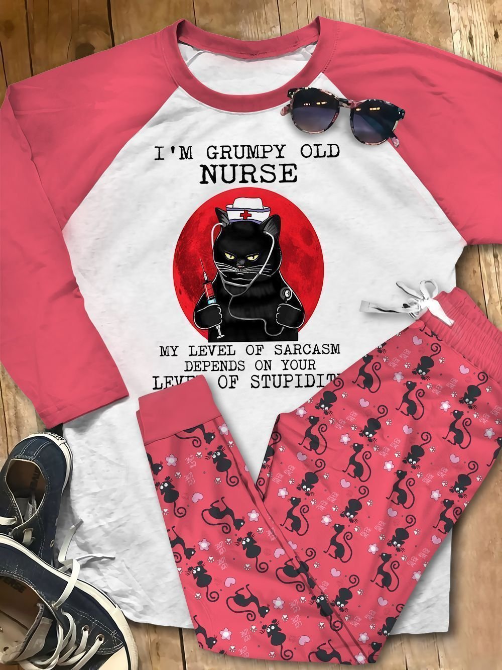 Black Cat Nurse Pajama Set |Sleepwear Pjs Sets | Raglan Shirt Pants Set
