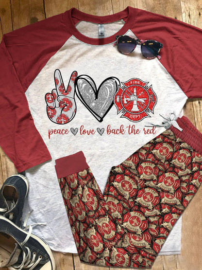Firefighter Symbol Red Awesome Pajama Set |Sleepwear Pjs Sets | Raglan Shirt Pants Set