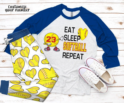 Softball Personalized Blue Unique Pajama Set |Sleepwear Pjs Sets | Raglan Shirt Pants Set