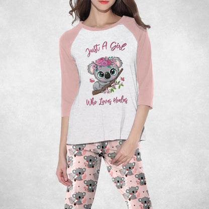 Koala Just A Girl Who Loves Koala Pink Good Pajama Set |Sleepwear Pjs Sets | Raglan Shirt Pants Set