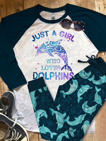 Dolphin Just A Girl Black Unique Pajama Set |Sleepwear Pjs Sets | Raglan Shirt Pants Set