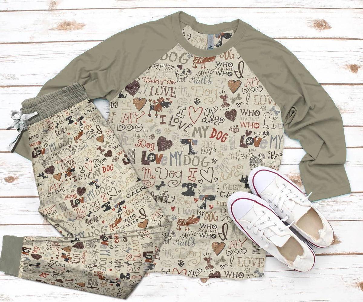 Dog Gray Good Pajama Set |Sleepwear Pjs Sets | Raglan Shirt Pants Set
