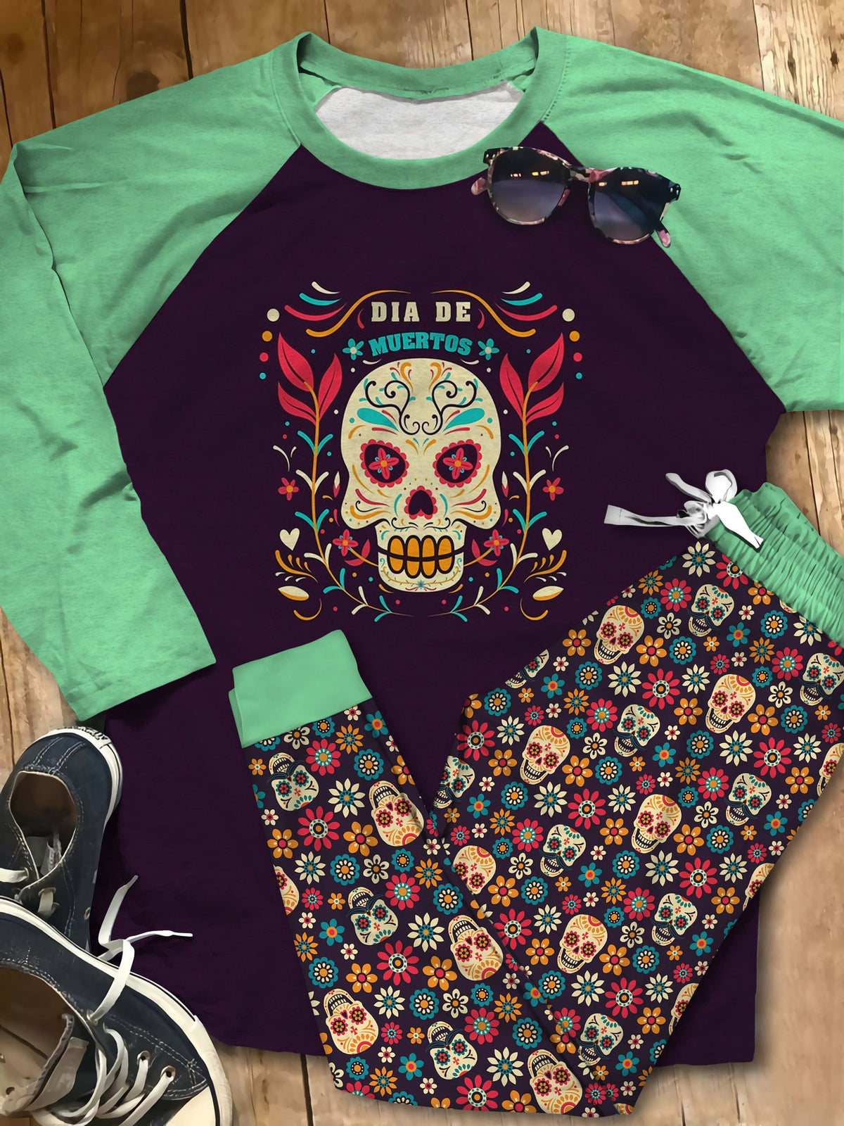 Day Of The Dead Cool Girl Pajama Set |Sleepwear Pjs Sets | Raglan Shirt Pants Set