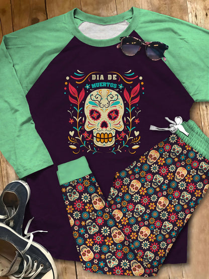 Day Of The Dead Cool Girl Pajama Set |Sleepwear Pjs Sets | Raglan Shirt Pants Set