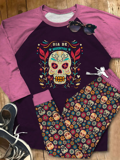 Day Of The Dead Cool Girl Pajama Set |Sleepwear Pjs Sets | Raglan Shirt Pants Set