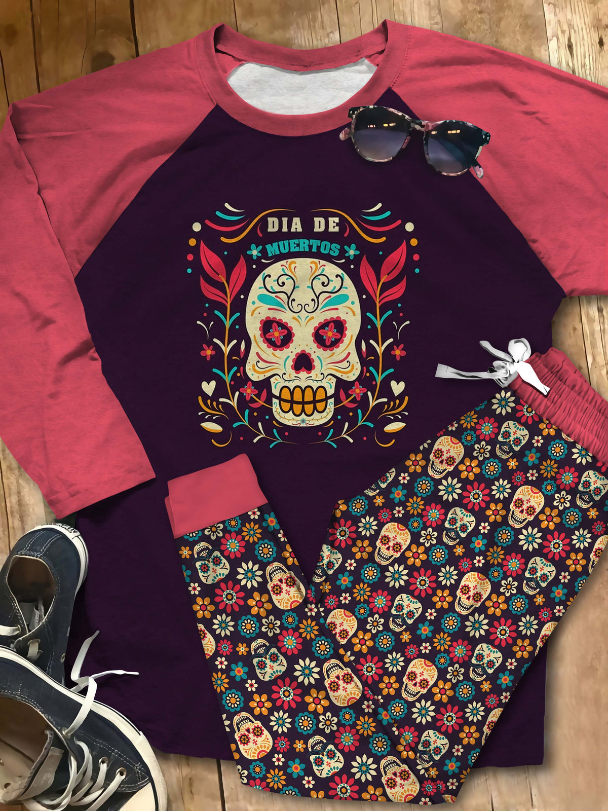 Day Of The Dead Cool Girl Pajama Set |Sleepwear Pjs Sets | Raglan Shirt Pants Set