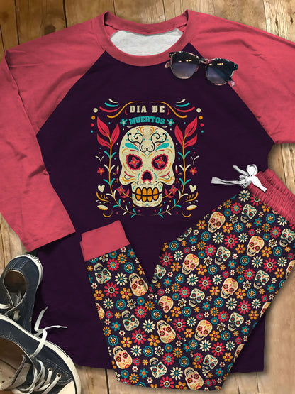Day Of The Dead Cool Girl Pajama Set |Sleepwear Pjs Sets | Raglan Shirt Pants Set