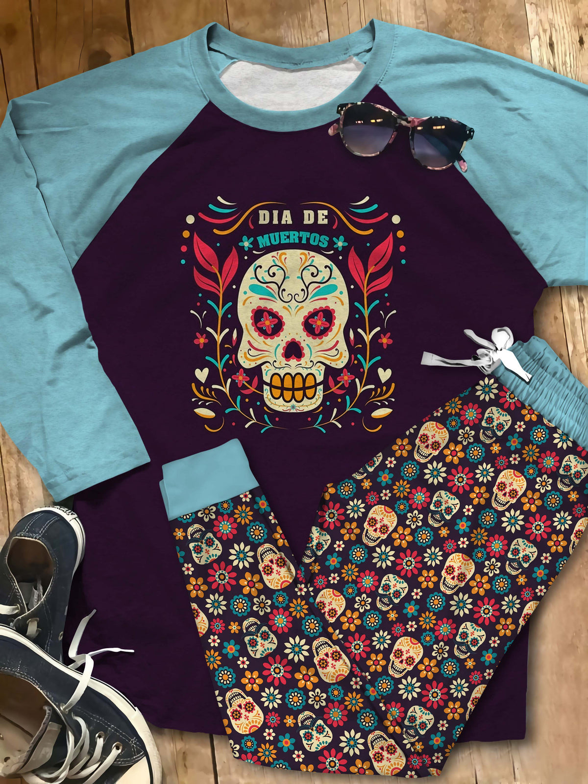 Day Of The Dead Cool Girl Pajama Set |Sleepwear Pjs Sets | Raglan Shirt Pants Set