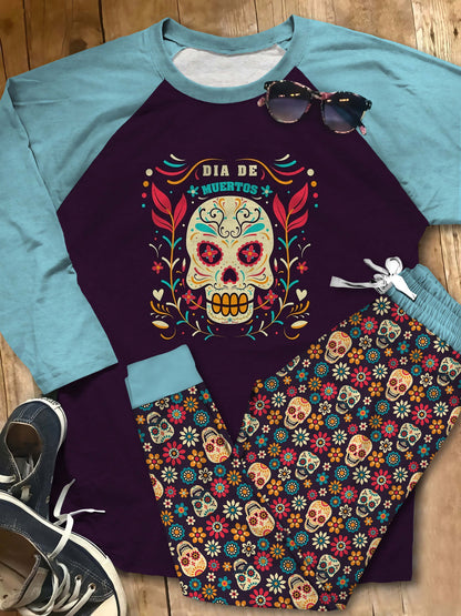 Day Of The Dead Cool Girl Pajama Set |Sleepwear Pjs Sets | Raglan Shirt Pants Set