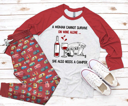 Camping Set Wine And A Camper Pajama Set |Sleepwear Pjs Sets | Raglan Shirt Pants Set