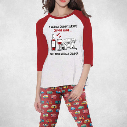 Camping Set Wine And A Camper Pajama Set |Sleepwear Pjs Sets | Raglan Shirt Pants Set