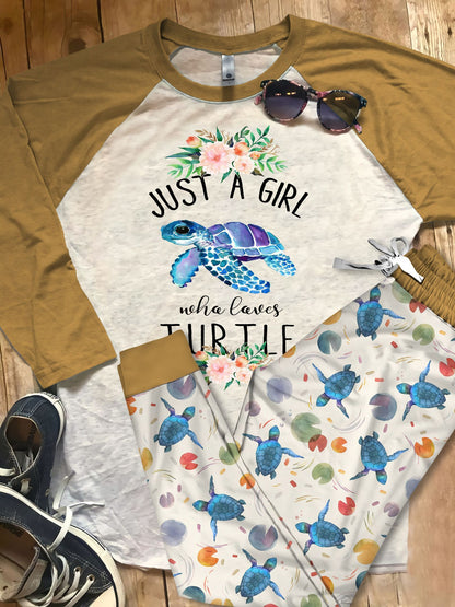 Sea Turtle Love Turtle Flower Pajama Set |Sleepwear Pjs Sets | Raglan Shirt Pants Set